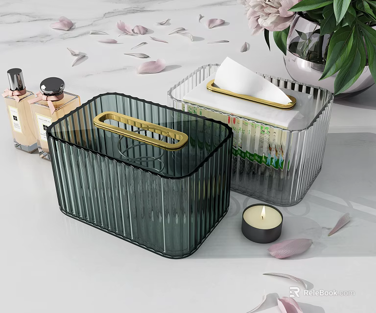 Transparent Household Storage Boxes With Tissue Holder Candle And Decorative Flower Petals 3d model 