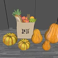 Fresh Pumpkins of Various Sizes and Shapes with Paper Bag on Wooden Floor