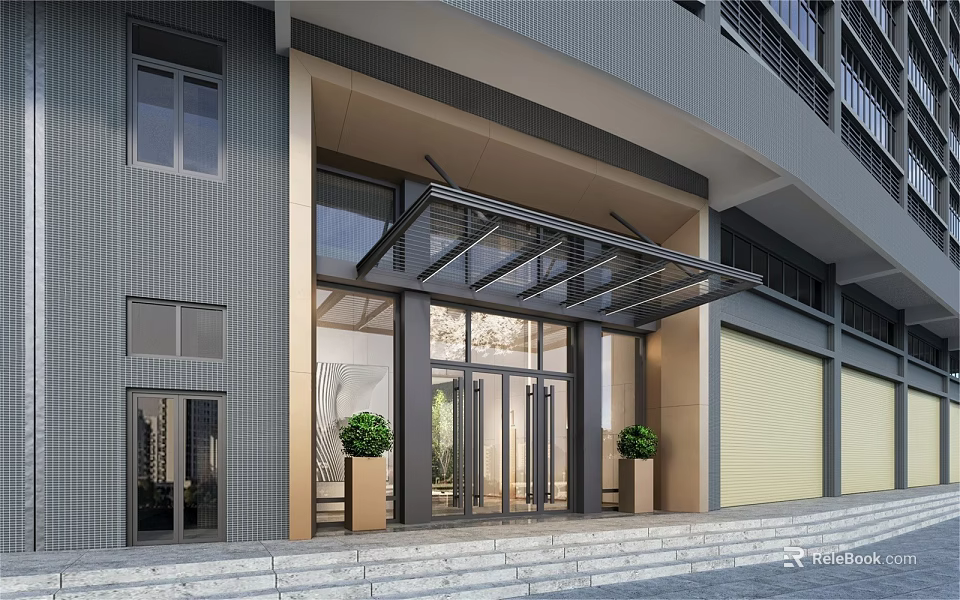Modern Building Main Entrance Gate With Glass Doors Black Canopy Potted Plants And Stone Steps 3d model 