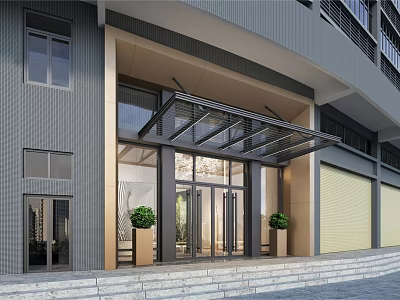 Modern Building Main Entrance Gate With Glass Doors Black Canopy Potted Plants And Stone Steps 3d model