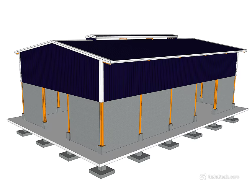 Steel Shed Structure with Dark Blue Roof Gray Walls Orange Support Columns and Concrete Base Foundation 3d model 