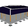 Steel Shed Structure with Dark Blue Roof Gray Walls Orange Support Columns and Concrete Base Foundation