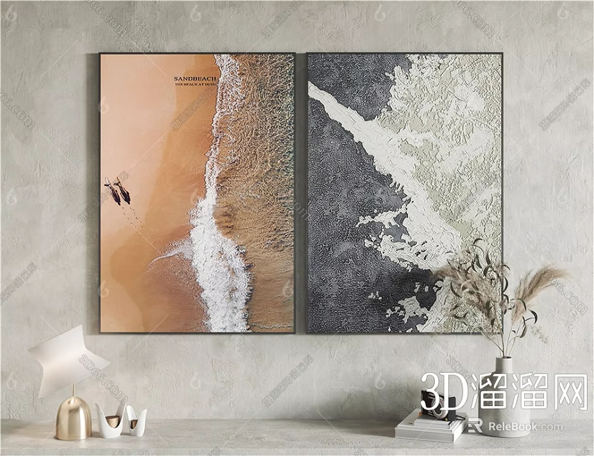 Modern Dual Panel Hanging Wall Art with Orange Seascape Waves Silhouette and Gray Abstract Texture 3d model 