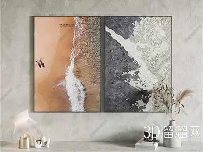 Modern Dual Panel Hanging Wall Art with Orange Seascape Waves Silhouette and Gray Abstract Texture 3d model