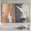 Modern Dual Panel Hanging Wall Art with Orange Seascape Waves Silhouette and Gray Abstract Texture