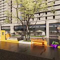 Modern Commercial Landscape With Tall Residential Buildings Orange Wooden Structure Bicycles Benches Trees And Paved Ground