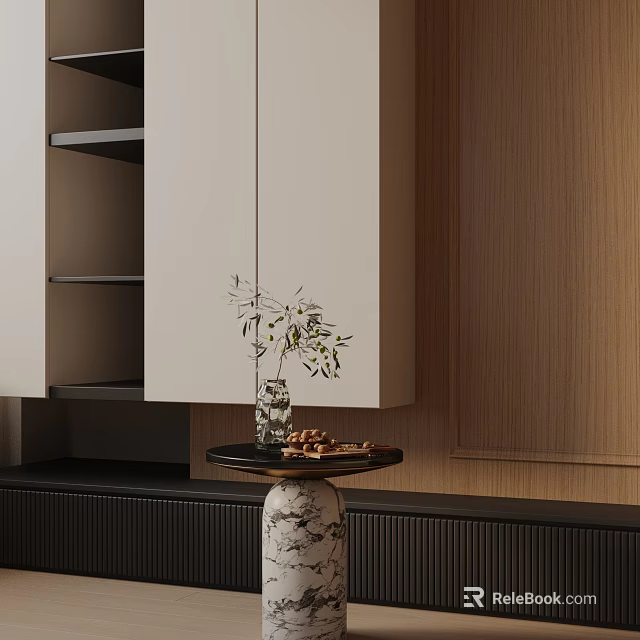 Modern Side Table With Black Round Top Marble Textured Base And Clear Vase Green Plant 3d model 