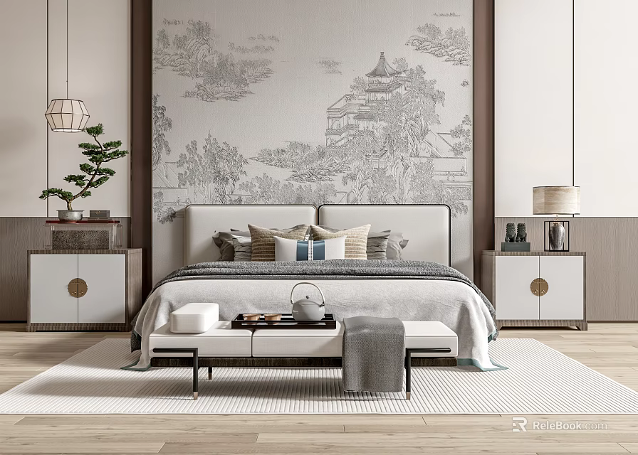 Serene Double Bed Interior with Gray Landscape Wallpaper White Nightstands and Bench 3d model 