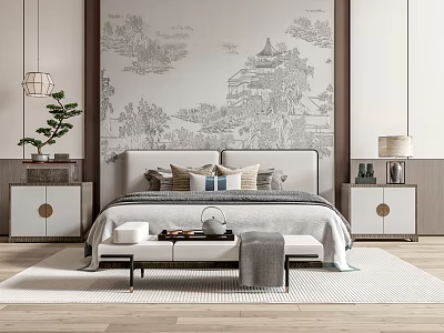 Serene Double Bed Interior with Gray Landscape Wallpaper White Nightstands and Bench 3d model