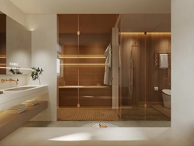 Modern Minimalist Bathroom Interior With Glass Shower Wooden Shelves And Marble Countertop 3d model