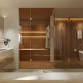 Modern Minimalist Bathroom Interior With Glass Shower Wooden Shelves And Marble Countertop