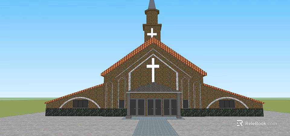 Ancient Church Architecture Featuring Steeple Cross Red Brick Roof And Stone Pavement 3d model 