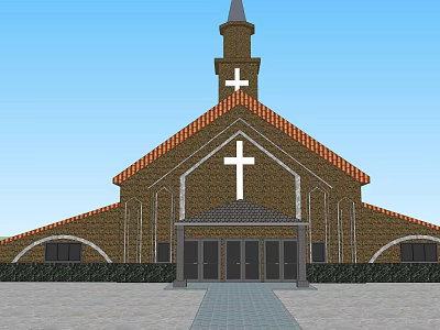 Ancient Church Architecture Featuring Steeple Cross Red Brick Roof And Stone Pavement 3d model