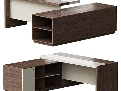 Stylish Modern Wooden Office Desk With Open Storage And Layered Design 3d model