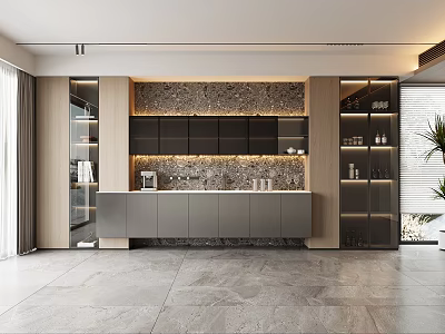 Modern Open Kitchen Sideboard Design With Gray Cabinetry And Marble Accent 3d model