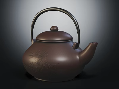 Decorative Brown Teapot With Bamboo Leaf Pattern Handle And Lid For Daily Household Use 3d model