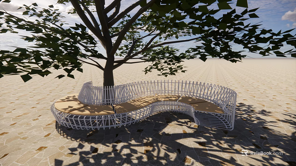 Curved White Outdoor Chair Under Tree With Stone Ground And Shadow 3d model 