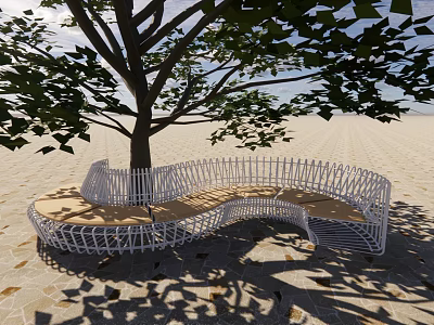 Curved White Outdoor Chair Under Tree With Stone Ground And Shadow 3d model