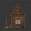 Rustic Wooden Log Cabin With Shingle Roof Red Door Lit Window Porch And Fence