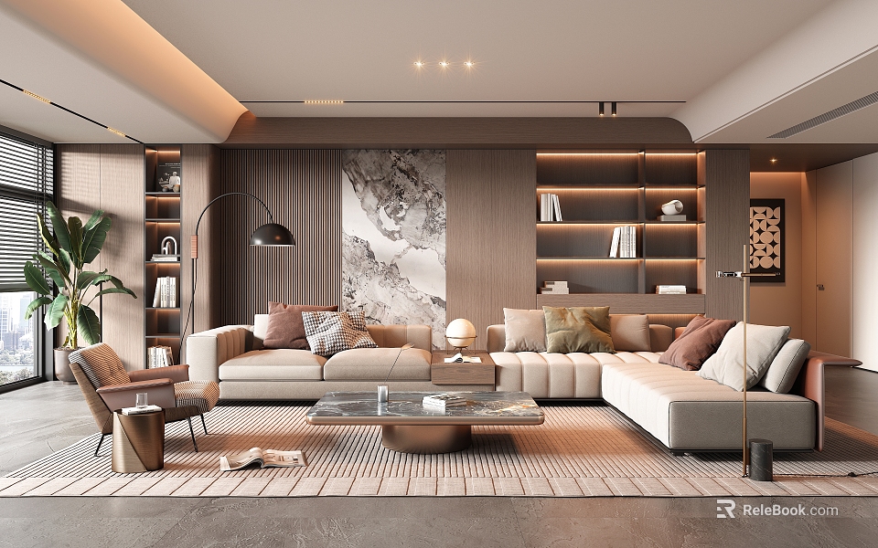 Modern Living Room Interior With Beige L Shaped Sofa Glass Coffee Table And Wall Art 3d model 