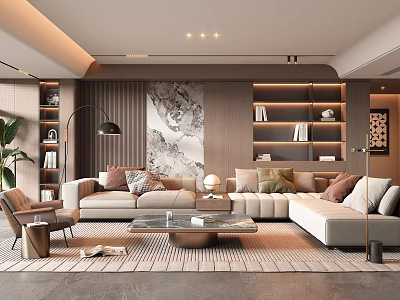 Modern Living Room Interior With Beige L Shaped Sofa Glass Coffee Table And Wall Art 3d model