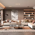 Modern Living Room Interior With Beige L Shaped Sofa Glass Coffee Table And Wall Art