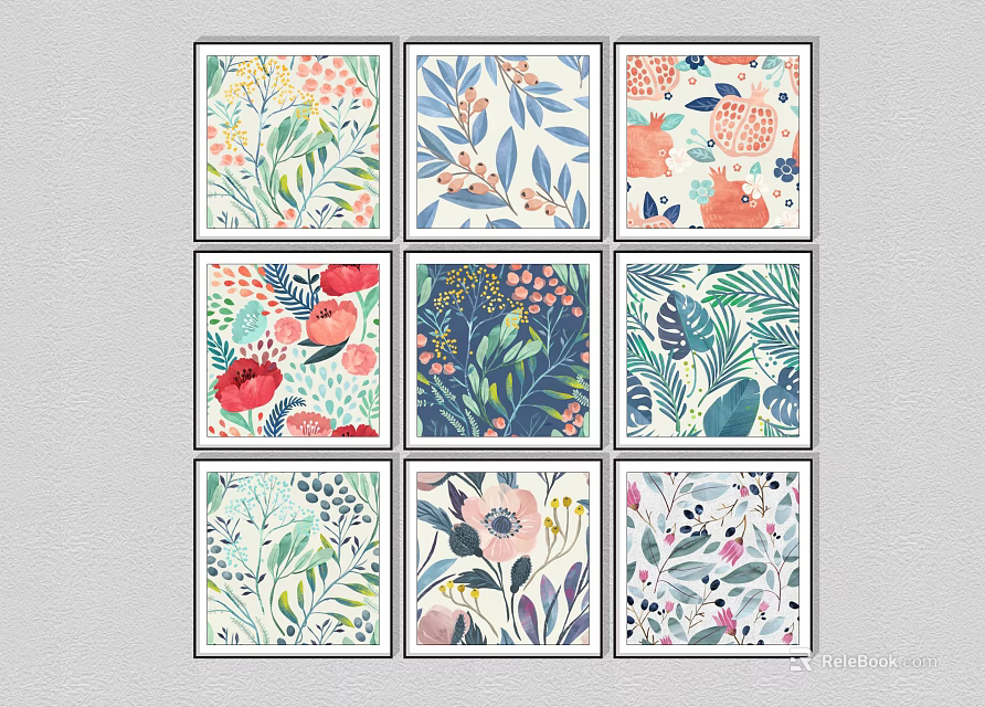 Botanical Paintings With Colorful Floral And Leaf Patterns In Illustration Style 3d model 
