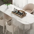 Modern Oval Marble Tea Table with Beige Chairs Tea Set Tray Cups Green Plant Curtains