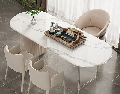 Modern Oval Marble Tea Table with Beige Chairs Tea Set Tray Cups Green Plant Curtains 3d model