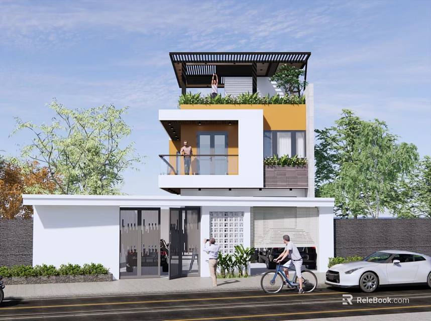 Modern Detached Villa Exterior Design With Yellow White Facade Balcony Plants And Trees 3d model 