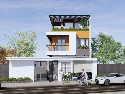 Modern Detached Villa Exterior Design With Yellow White Facade Balcony Plants And Trees 3d model