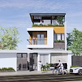 Modern Detached Villa Exterior Design With Yellow White Facade Balcony Plants And Trees