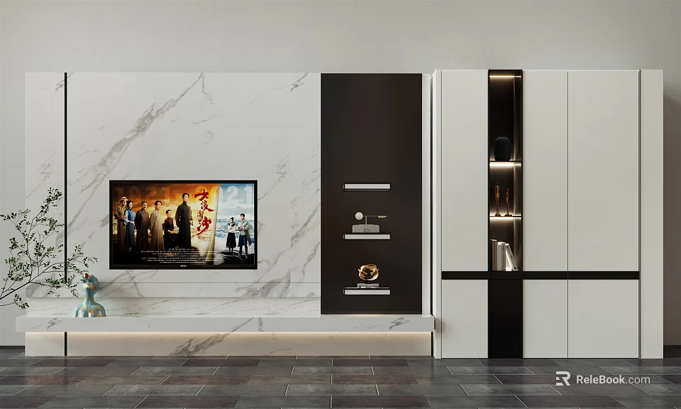 Modern TV Wall Design With Marble Panel Black Shelves And Decor Items 3d model