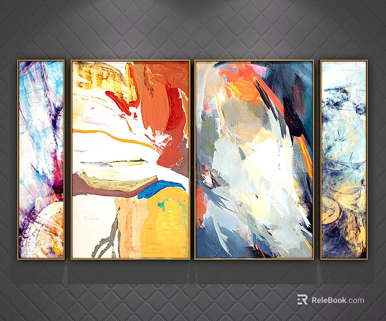 Four Piece Abstract Paintings With Rich Vibrant Colors And Dynamic Brushstrokes As Wall Art 3d model 