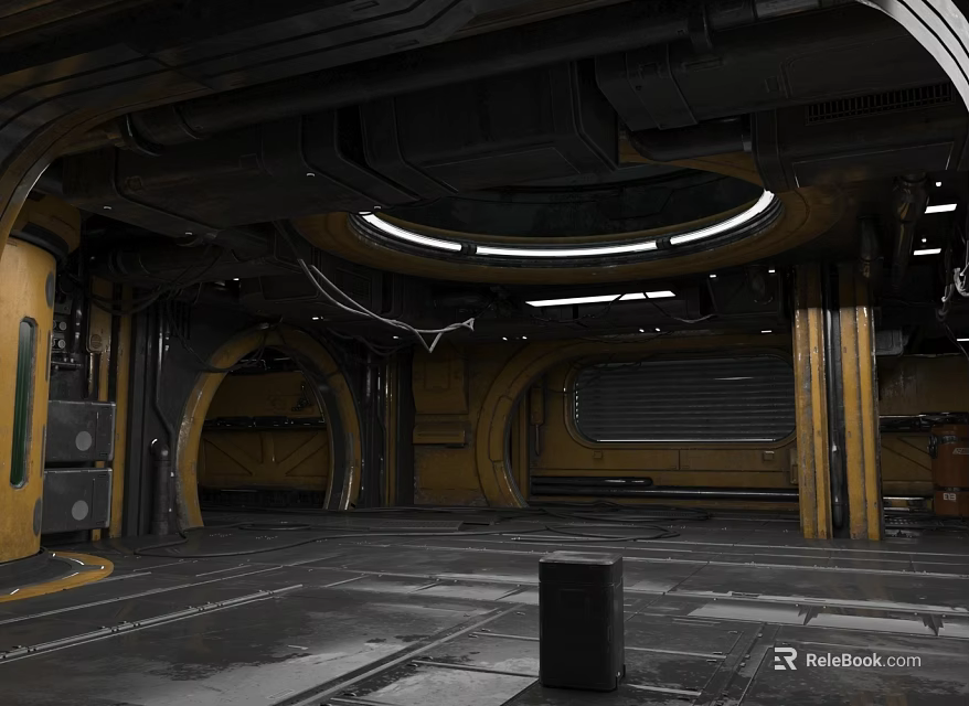 Spacious Industrial Factory Interior With Black Pipes Yellow Pillars Circular Arches And Metal Floors 3d model 