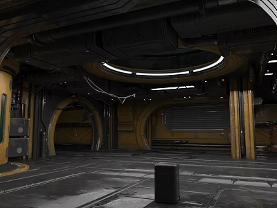 Spacious Industrial Factory Interior With Black Pipes Yellow Pillars Circular Arches And Metal Floors 3d model