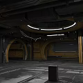 Spacious Industrial Factory Interior With Black Pipes Yellow Pillars Circular Arches And Metal Floors