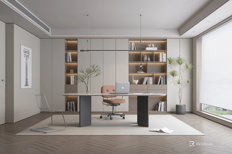 Modern Study Room Interior With Wooden Desk Ergonomic Chair And Built in Bookshelves 3d model 