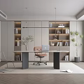 Style Study Desk and Chair Chandelier Carpet Hanging Painting Ornaments Venetian Blinds Bookcase 3d model