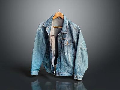 Blue Oversized Denim Jacket Hanging on a Wooden Hanger with Casual Style 3d model