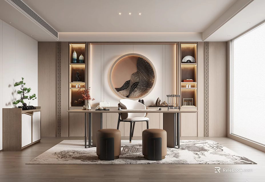 Modern Study Room Interior With Desk Chair And Decor 3d model