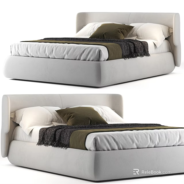 Modern Upholstered Double Bed With Soft Headboard Plush Pillows And Textured Blanket 3d model 