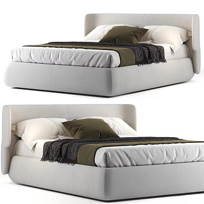 Modern Upholstered Double Bed With Soft Headboard Plush Pillows And Textured Blanket 3d model
