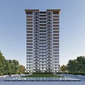 Modern Tall Residential Building With Surrounding Trees And Green Areas 3d model