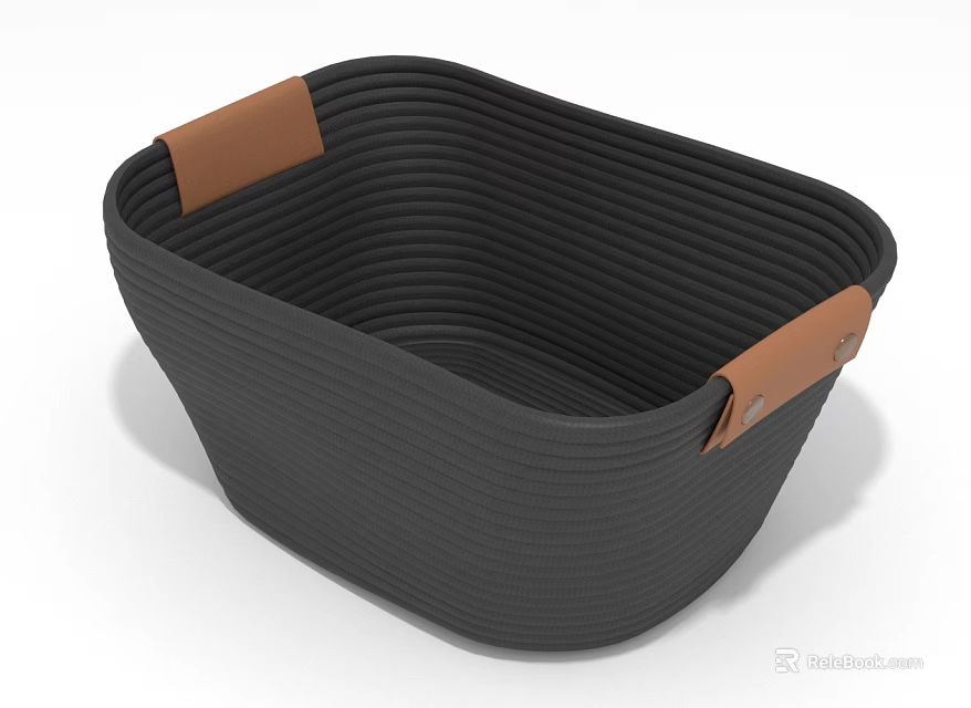 Black Woven Storage Basket With Brown Leather Handles For Home Organizing 3d model 