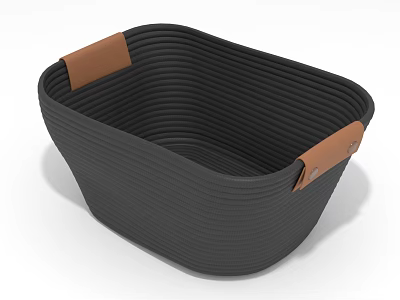 Black Woven Storage Basket With Brown Leather Handles For Home Organizing 3d model