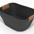Black Woven Storage Basket With Brown Leather Handles For Home Organizing