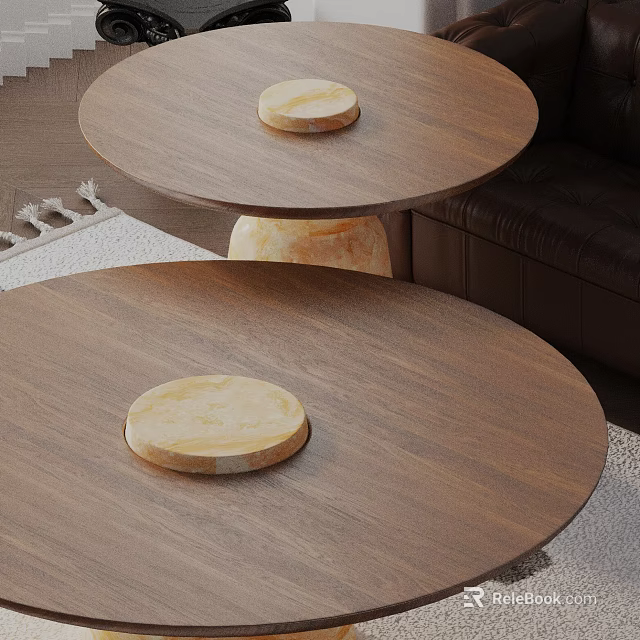 Modern Sofa And Coffee Table Set With Round Wooden Tabletop Marble Trays And Dark Sofa 3d model