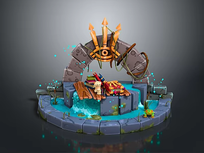Fantasy Circular Stone Platform With Archway Golden Eye Symbol Arrows Water And Blue Glowing Particles 3d model