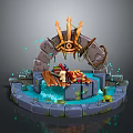 Fantasy Circular Stone Platform With Archway Golden Eye Symbol Arrows Water And Blue Glowing Particles